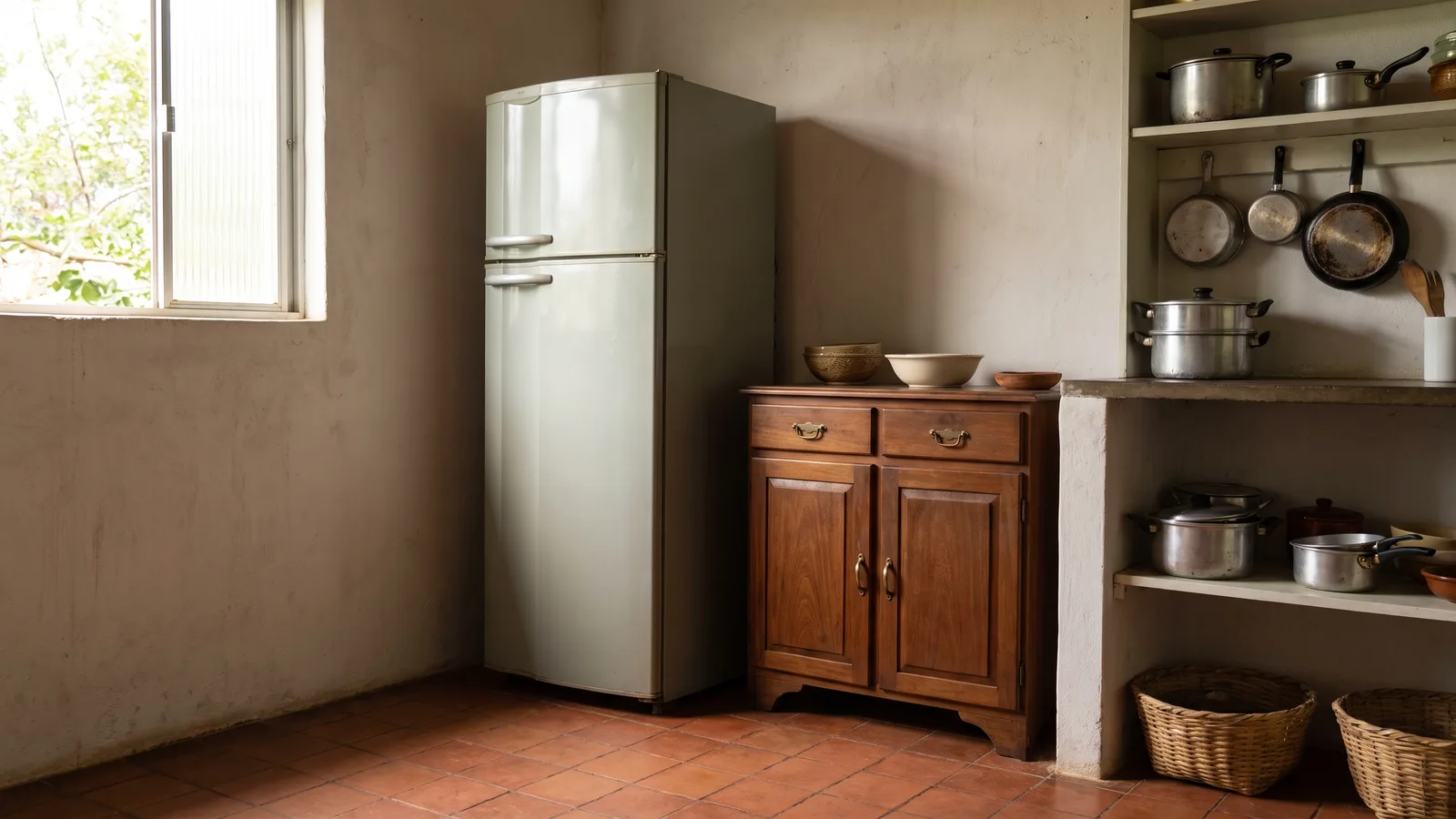 Geladeira de duas portas encostada na parede de uma cozinha simples, ao lado de um armário de madeira, com luz de manhã entrando pela janela e piso de ladrilho vermelho